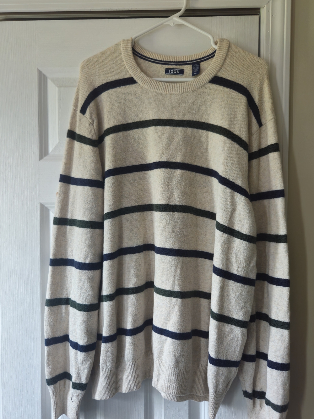 Izod Men’s Cream Crewneck Sweater with Navy and Dark Green Stripes